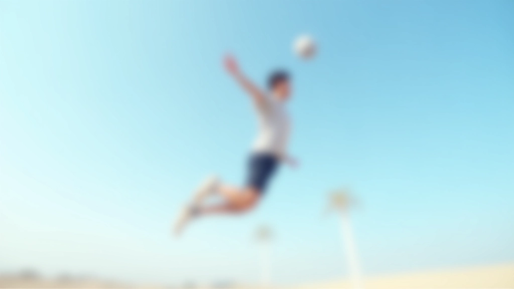لاعب شاب يقفز في الهواء لعمل حركة ضرب قوية على ملعب رملي